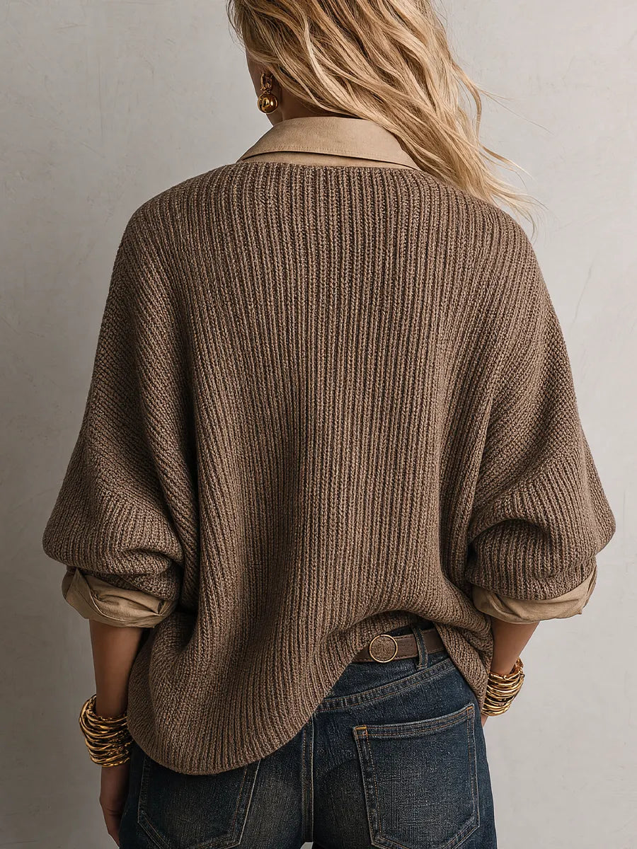 Relaxed Luxe Collared V-Neck Textured Knit Sweater Top