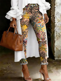 Women's Fashion Casual Multicolor Flowers Art Leopard Print Ripped Skinny Jeans