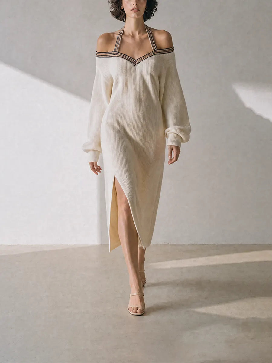 Women's Elegant Sultry Ivory Ribbed-Knit Halter Off-Shoulder V-Neck Long-Sleeve Slit Midi Dress MDZ2286G4CMX