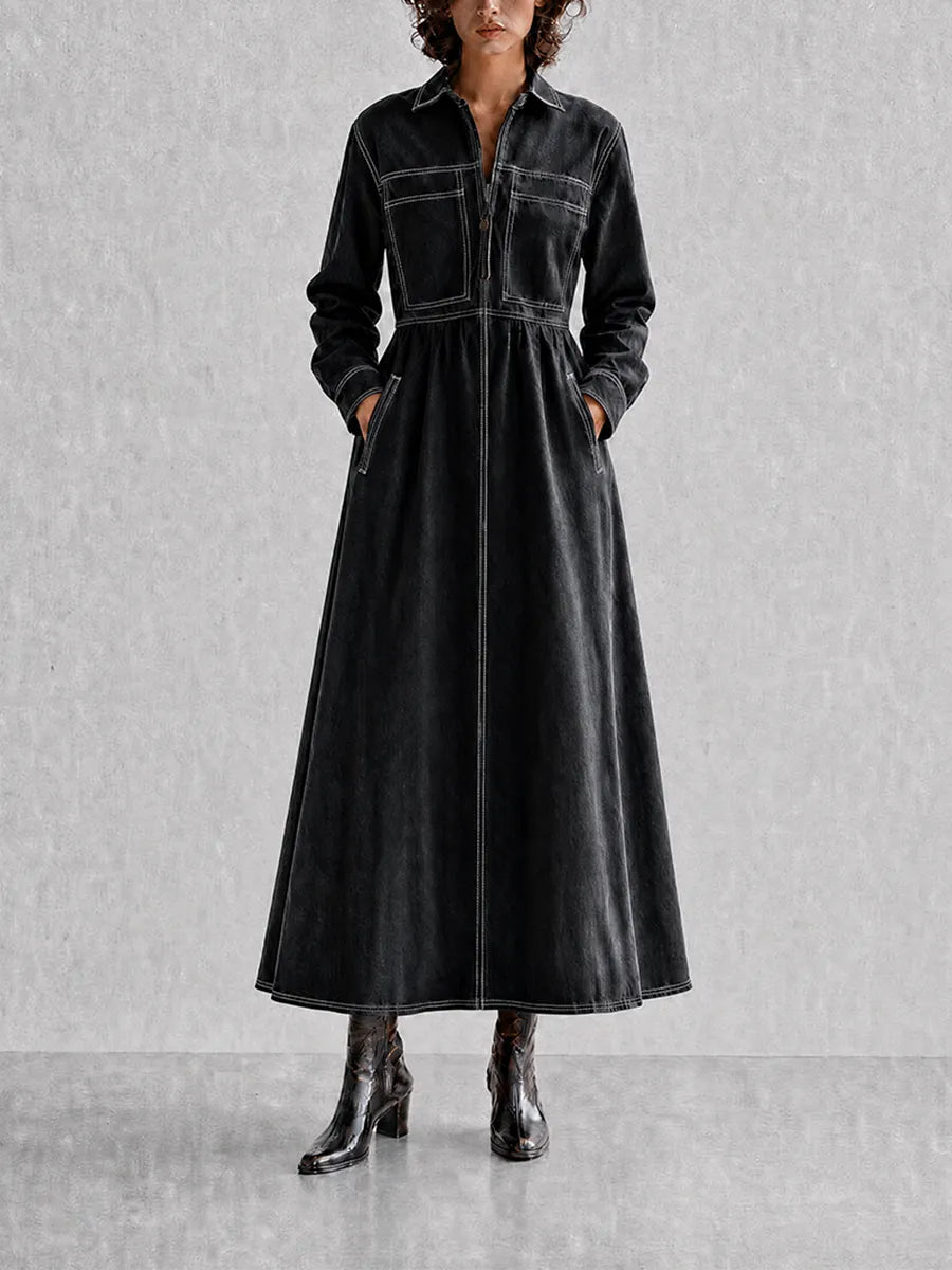 Women's Black Contrast-Stitch Collared Long-Sleeve Cinched-Waist Denim Shirt Maxi Dress MDZ1591G0CMX
