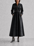 Women's Black Contrast-Stitch Collared Long-Sleeve Cinched-Waist Denim Shirt Maxi Dress MDZ1591G0CMX