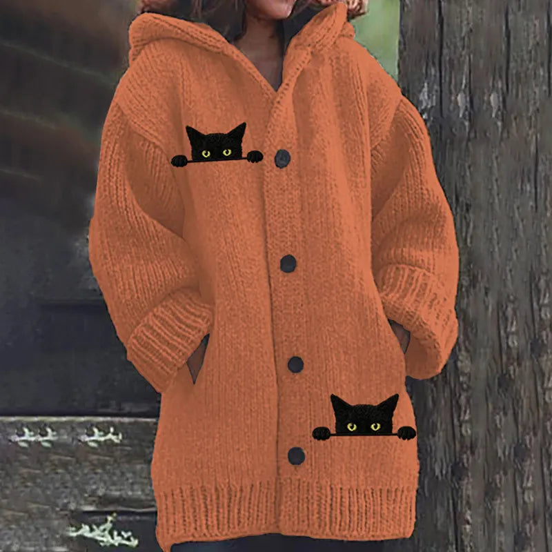 Women's Casual Funny Black Cat Print Hood Sweater