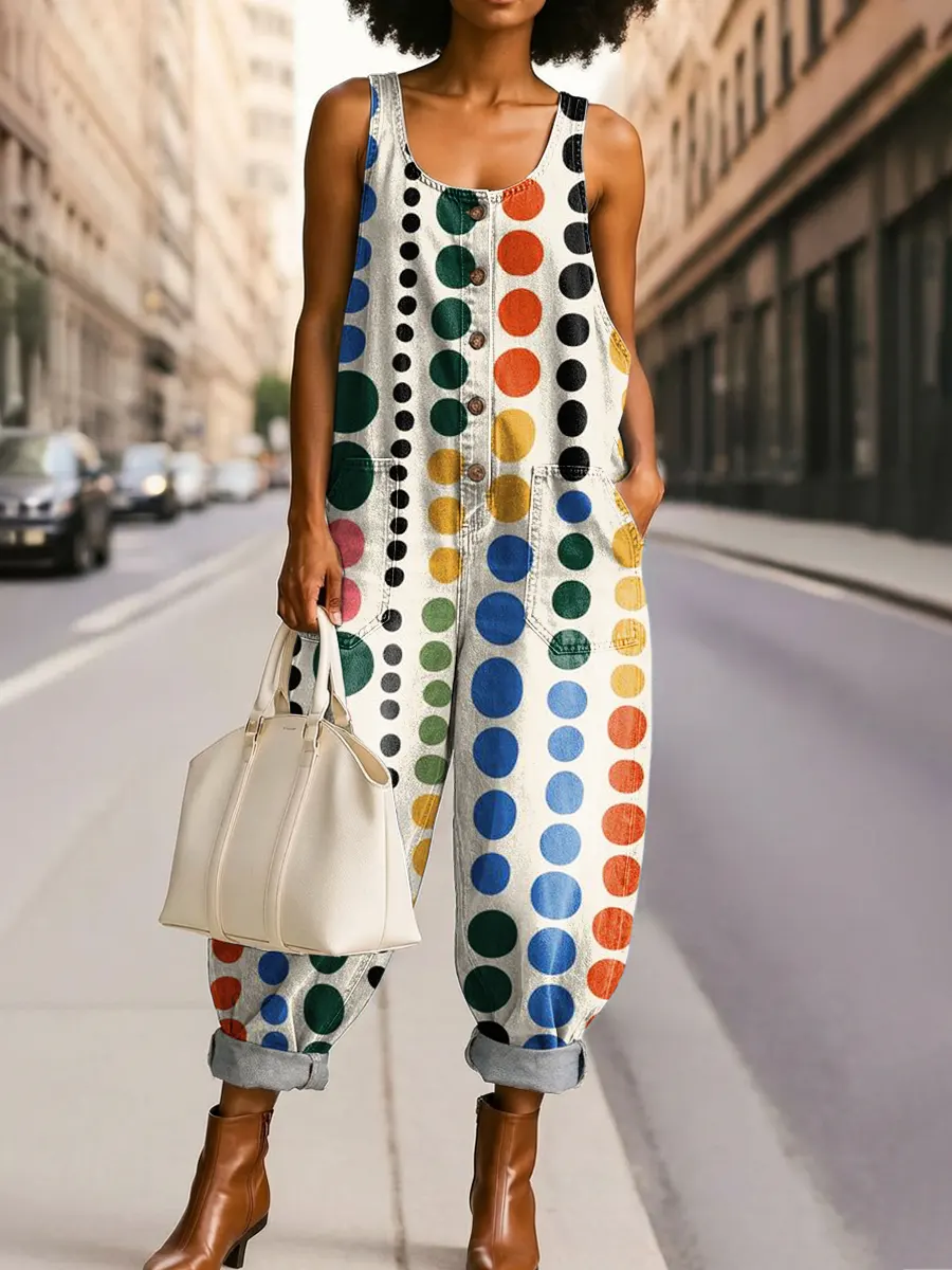 Women's Fashion Colorblock Polka Dot Art Print Casual Jumpsuit