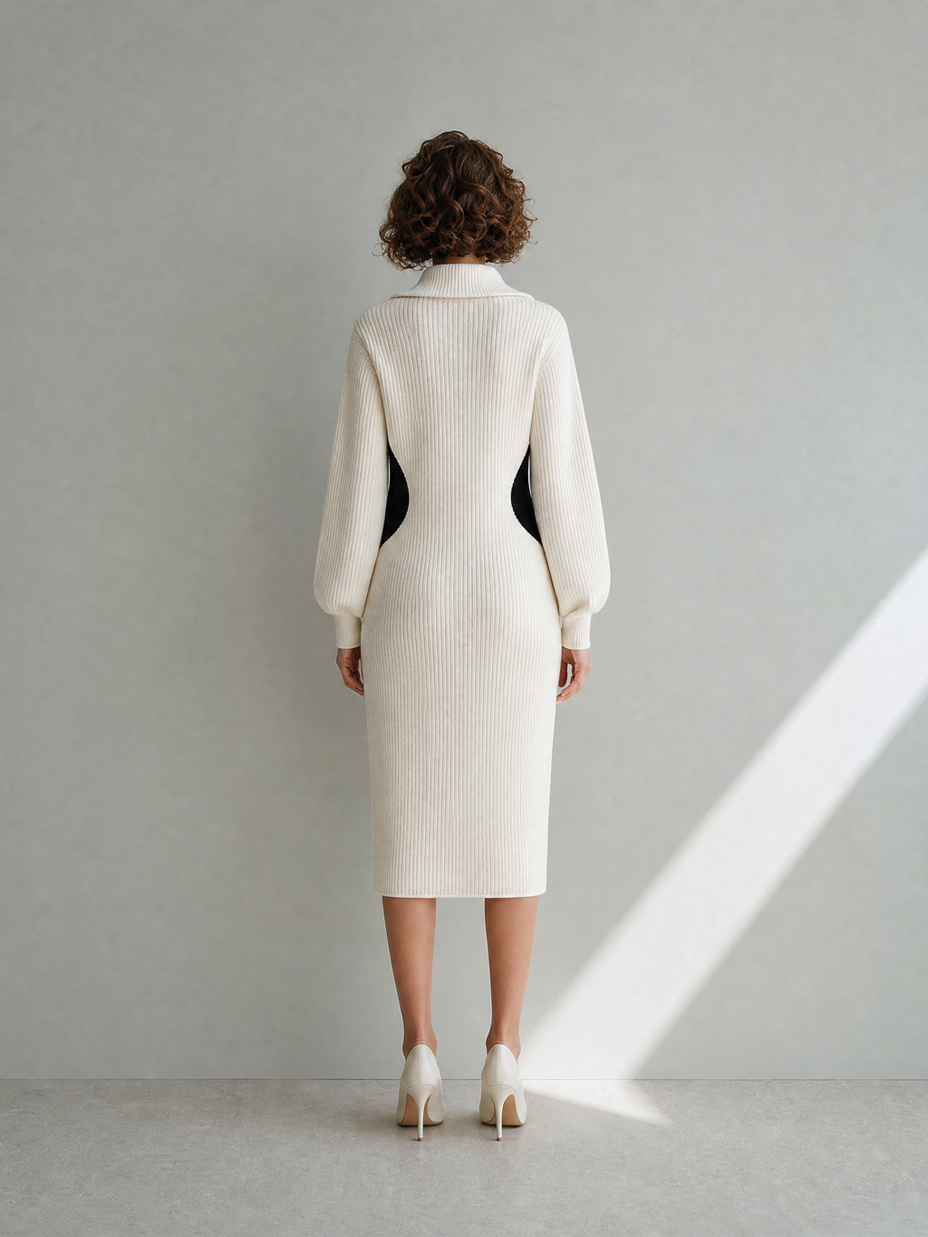 Women's Elegant White Ribbed-Knit Half-Zip Collared Long-Sleeve Colorblock Midi Dress MDZ2280G1CMX
