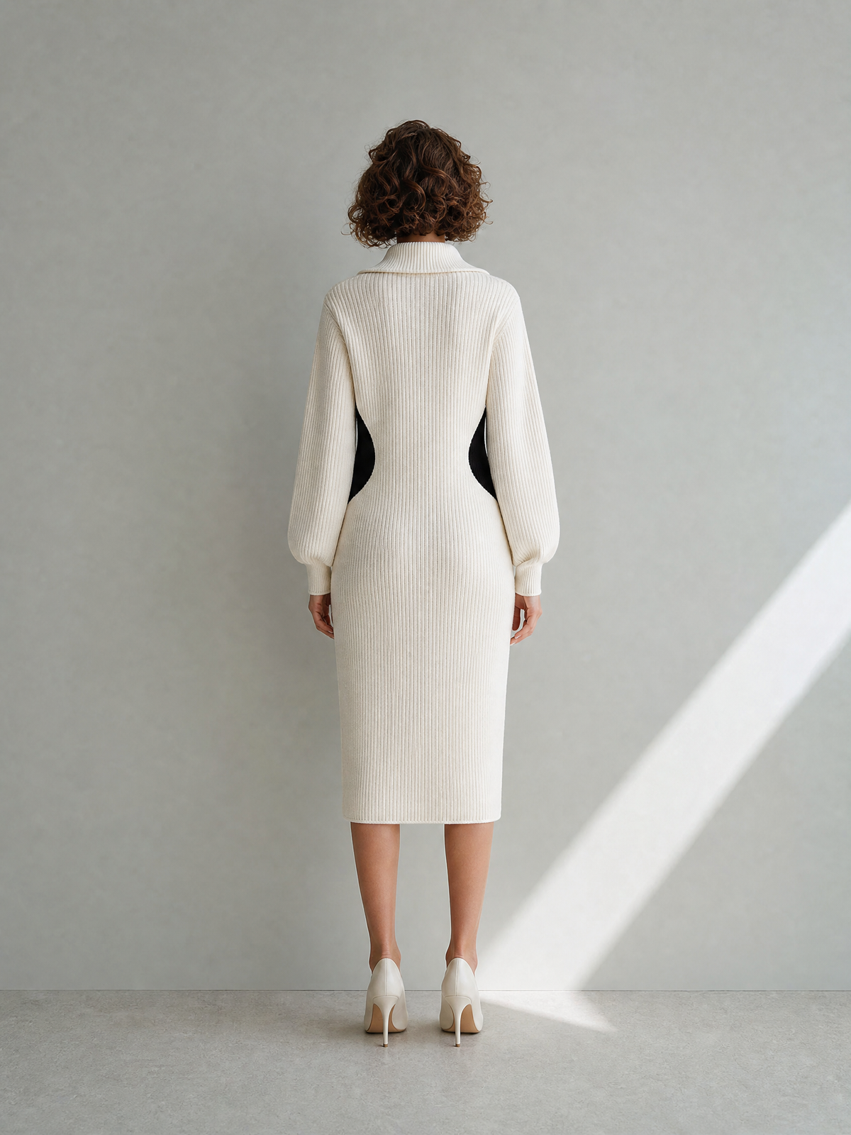 Women's Elegant White Ribbed-Knit Half-Zip Collared Long-Sleeve Colorblock Midi Dress MDZ2280G1CMX