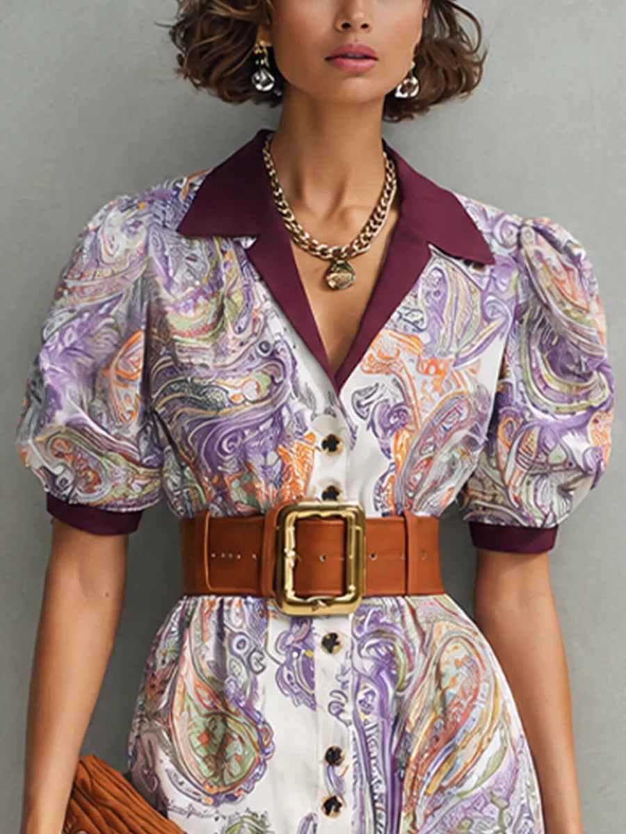 Women's Retro French Style Purple Tone Cotton Blend Paisley Print Lapel Puff Short Sleeve Waist Cinched Midi Shirt Dress MDZ0287G0GMJ