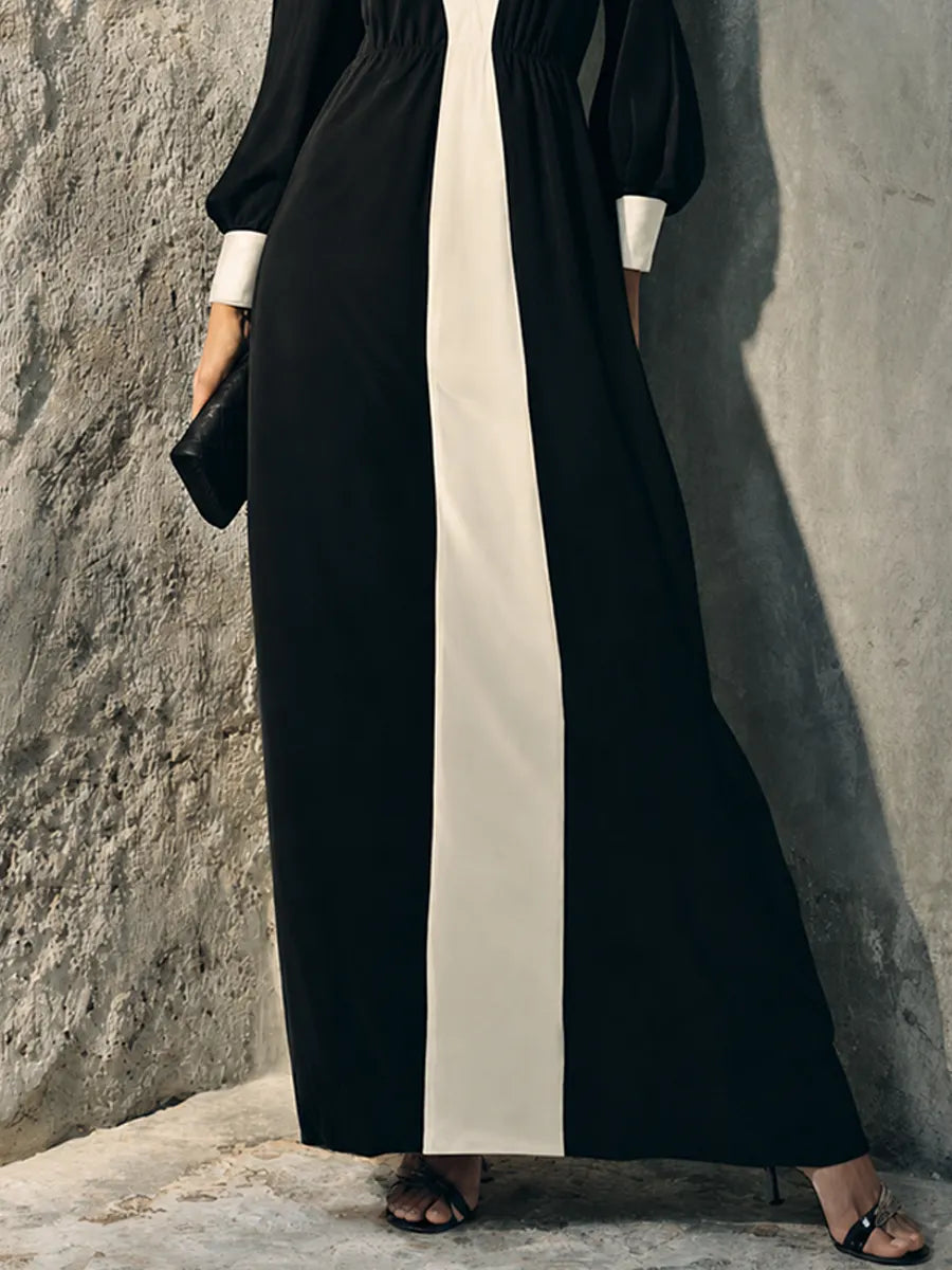 Women's Luxury Elegant Black White Cotton Blend Contrast Vertical Stripe Waisted Lantern Sleeve Maxi Dress MDZ1302G3GMJ