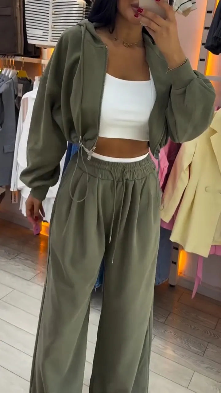 Womens Round Neck Zipper Cardigan + Drawstring Pants Casual Set