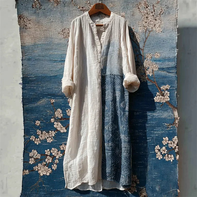 Vintage Japanese Sashiko Patchwork Linen Maxi Shirt Dress