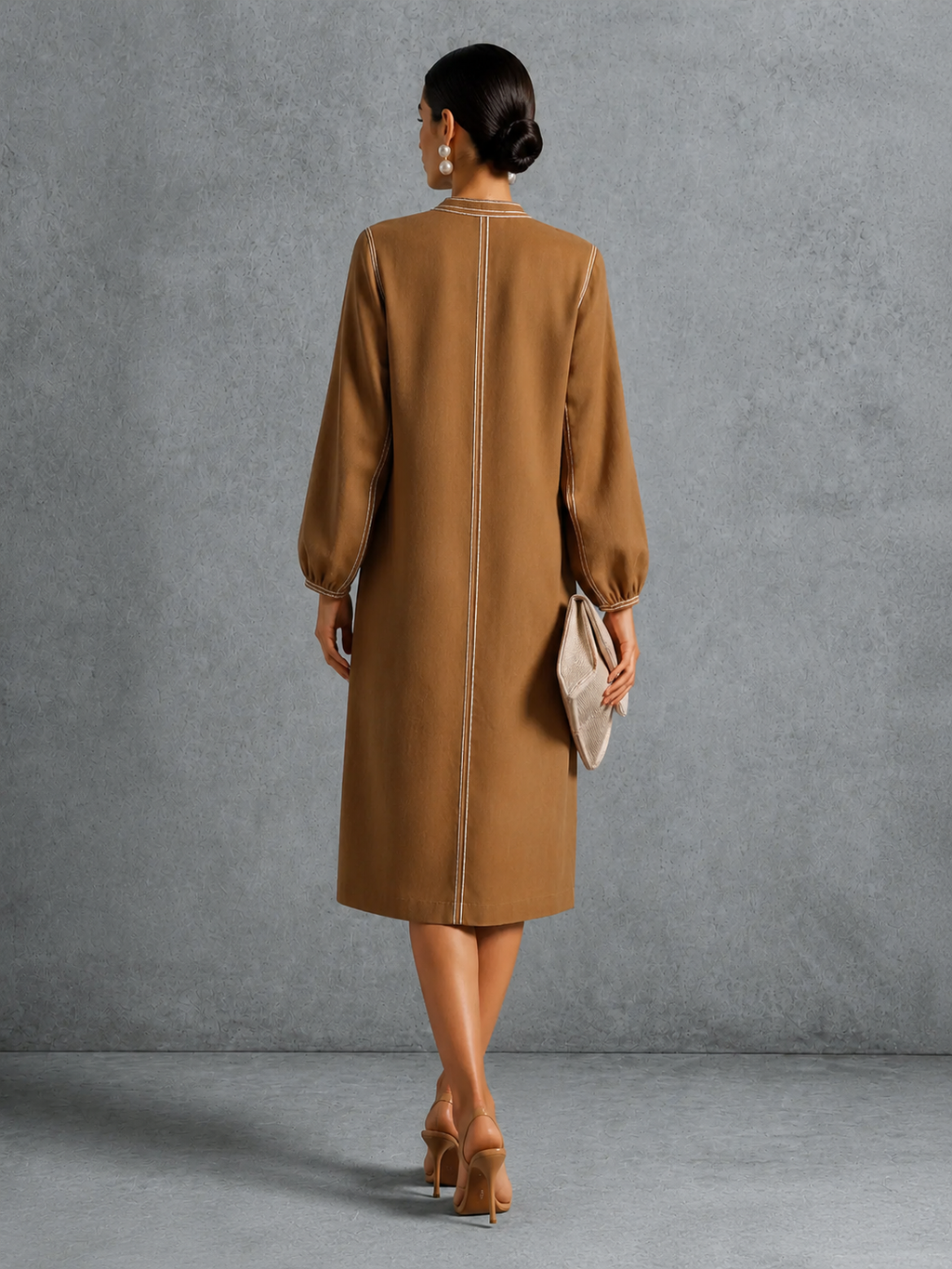 Women's Retro Commuter Caramel Cotton Blend Contrast Stitch Patch Pocket Lantern Sleeve Midi Dress MDZ1339G3GMJ