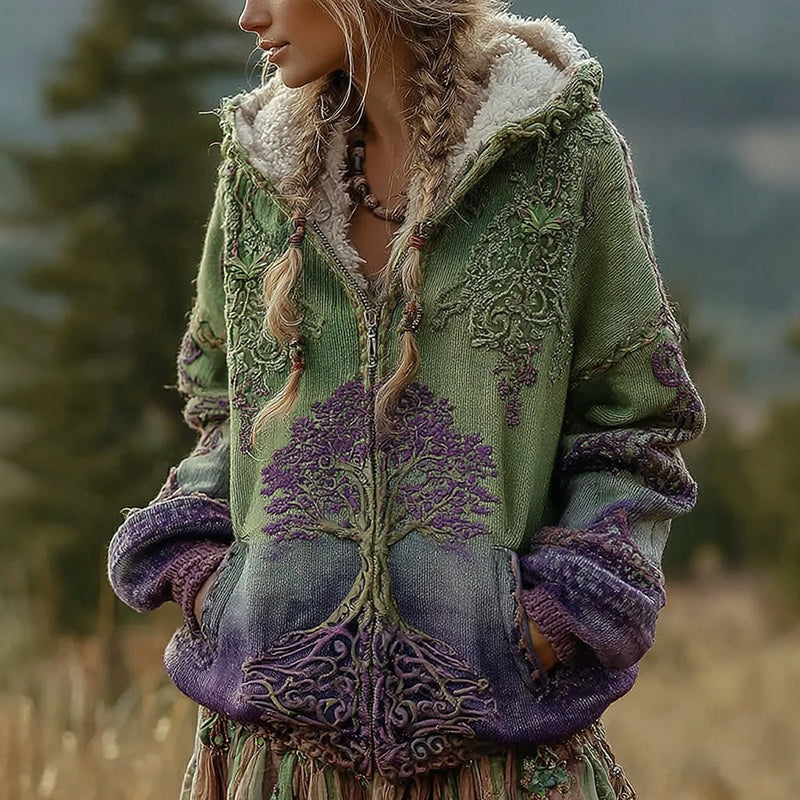 Women's Vintage Viking Tree Of Life And Floral Pattern Knit Zip-up Sweater