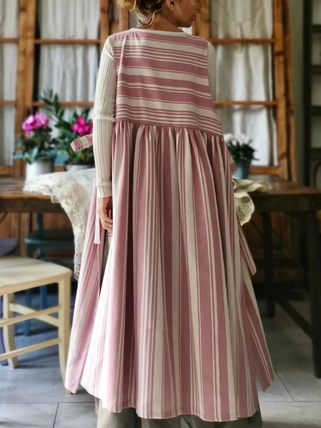 Pink and Cream Striped Cotton Apron