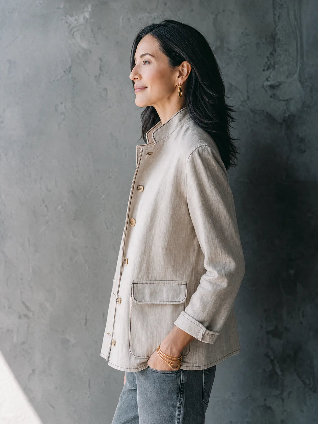 Women's Simple Commuter Off White Cotton Linen Stand Collar Contrast Stitched Patch Pockets Jacket MDZ1566G2GMJ