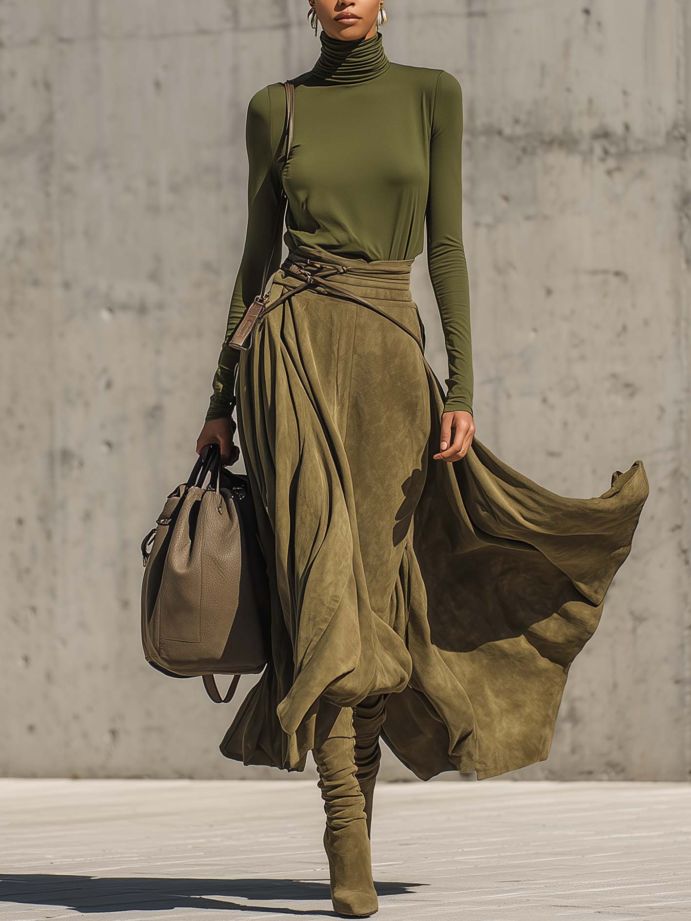 Olive Green Stretch Turtleneck Top And Faux Suede Maxi Skirt Set(Includes belt)