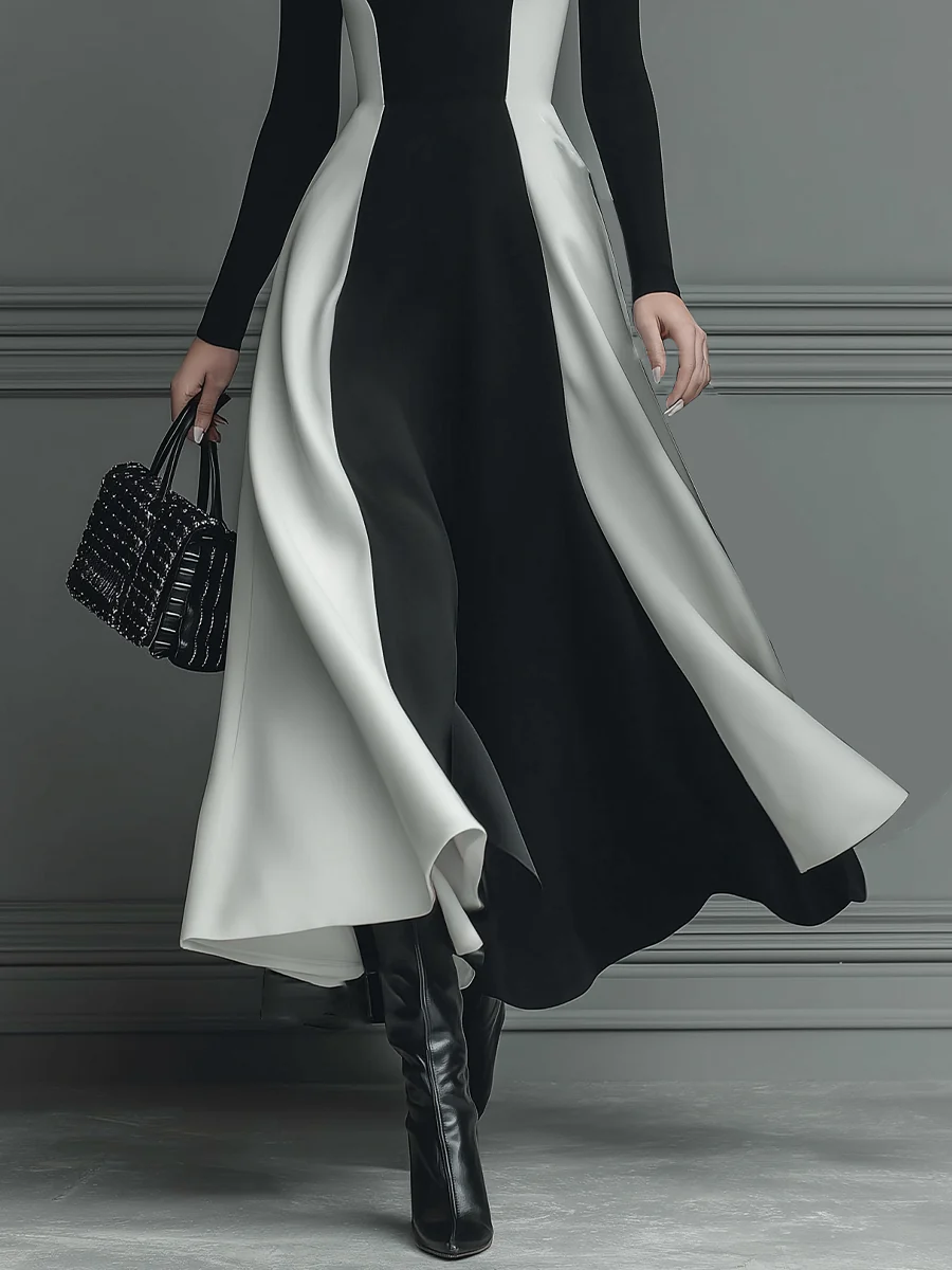 Black And White Stitching Knitted Maxi Dress