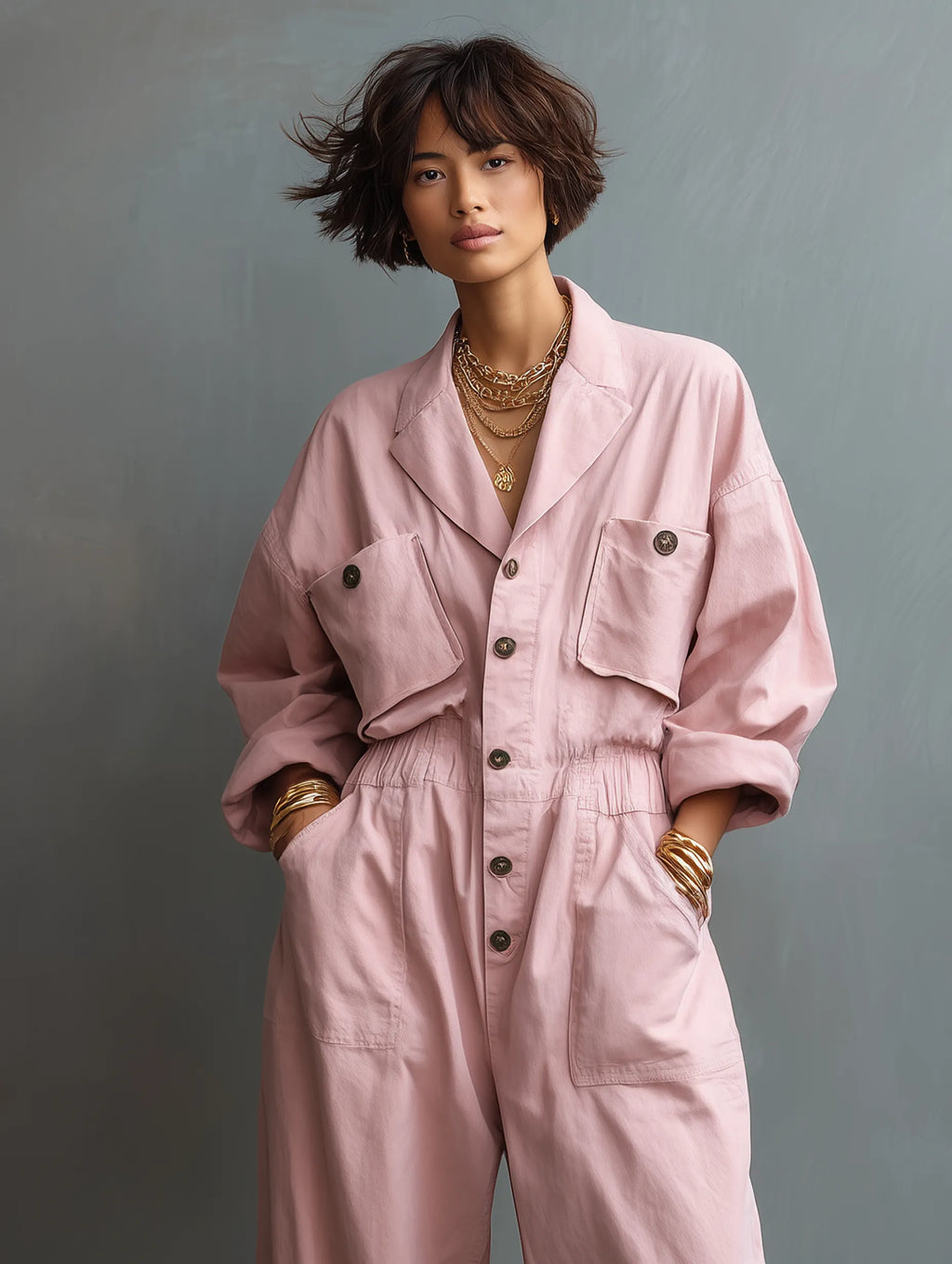Women's Casual Cotton Twill Single-Breasted Long-Sleeve Jumpsuit MDZ0900G2WY