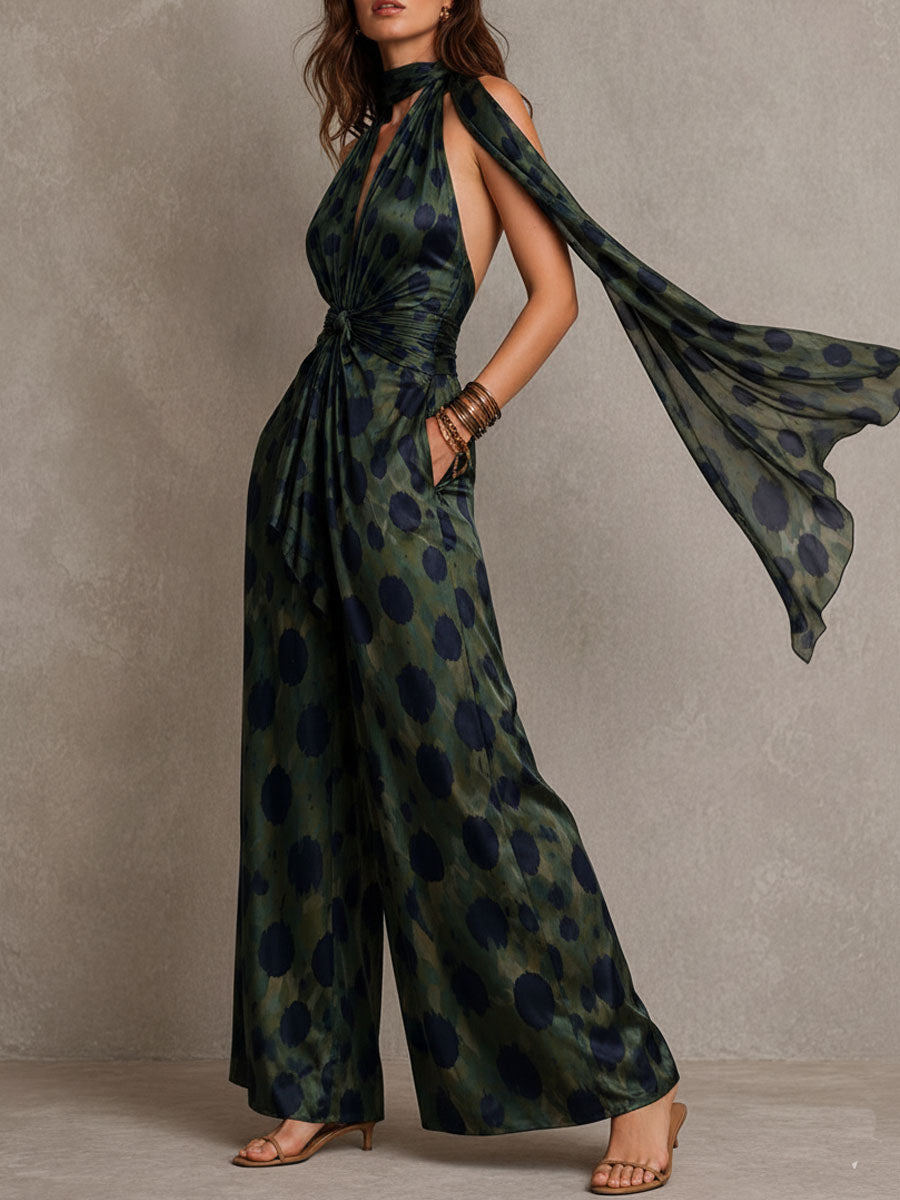 Boho Chic Olive And Navy Polka Halter Neck Scarf  Satin Jumpsuit