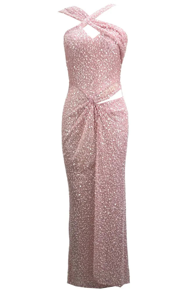 Halter Draped Sequin Maxi Dress Pink