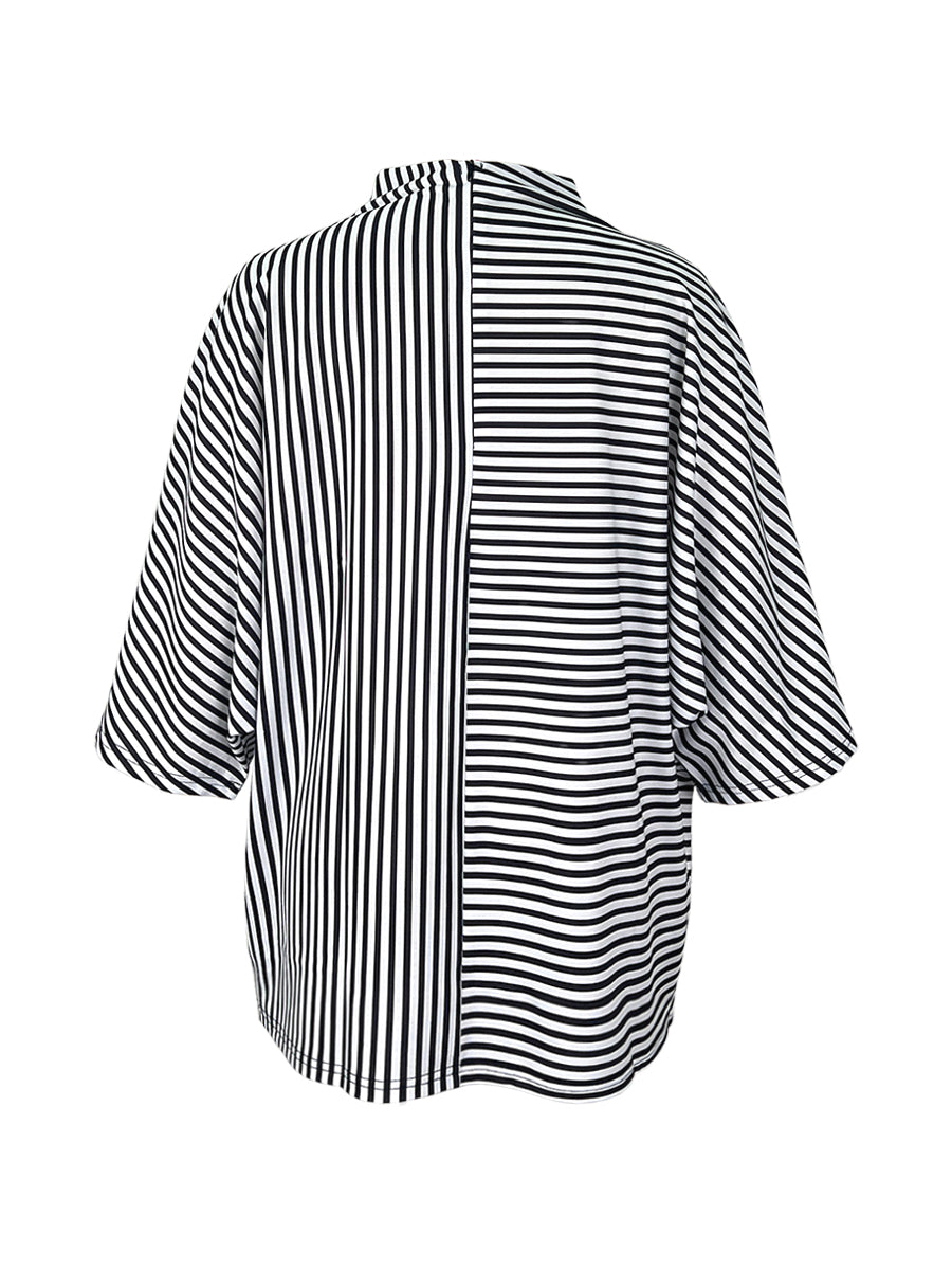 Loose Three-Quarter Sleeves Figure Printed Split-Joint Striped Stand Collar T-Shirts