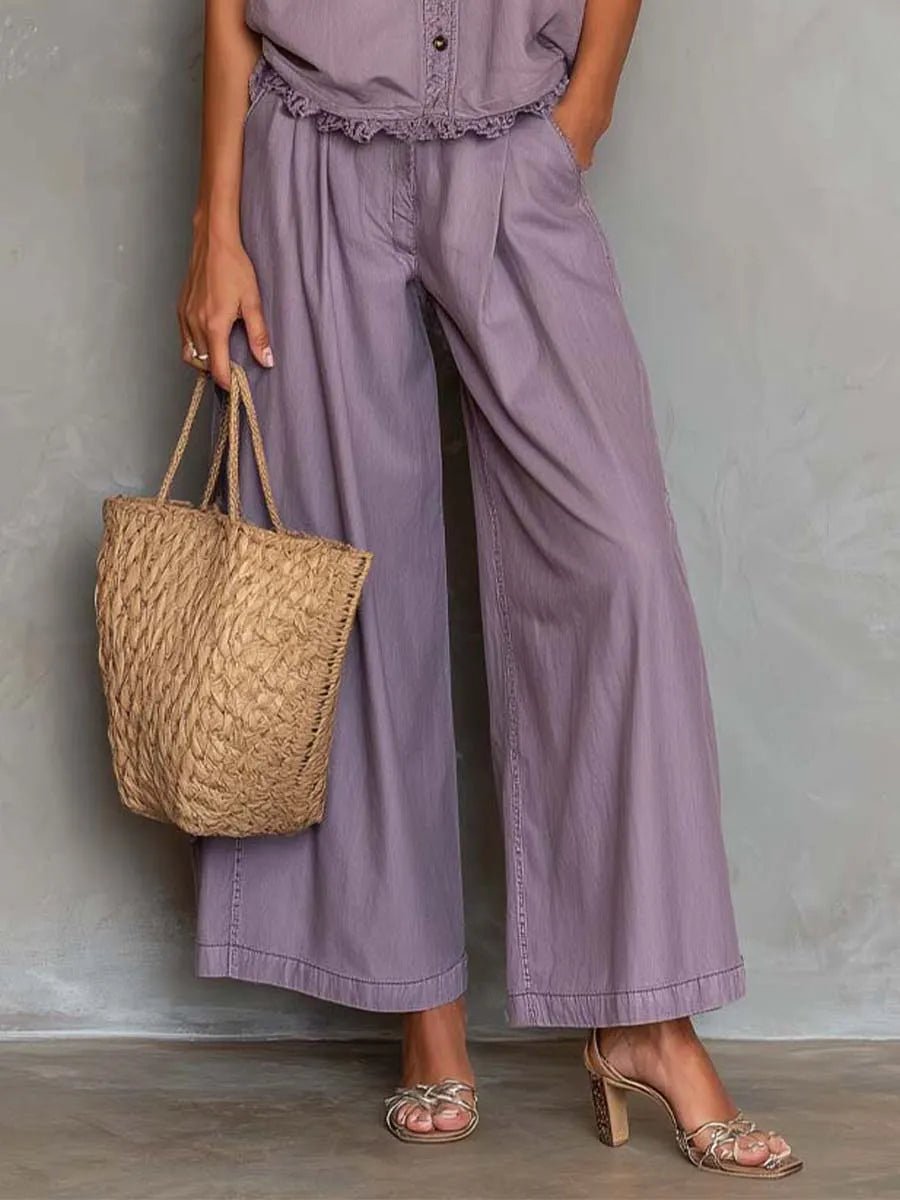 Casual Tencel Sleeveless Button-Front Top & Wide-Leg Pants Set