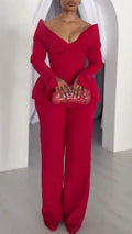 Off-Shoulder Peplum Top & Straight Leg Pants Set
