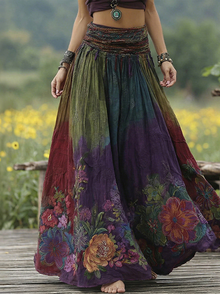 Women's Retro Floral Embroidery Gradient Art Linen Blend Casual Midi Skirt