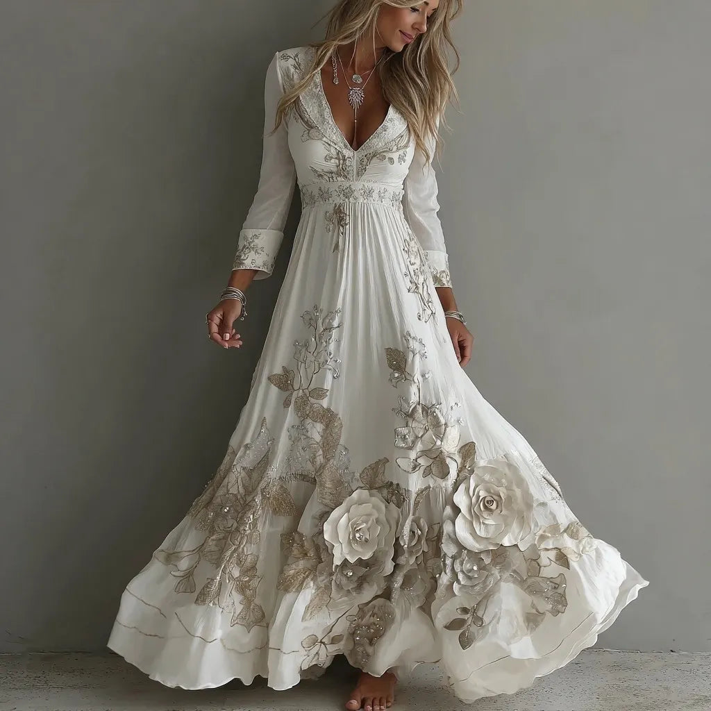 Women's Vintage White Flowers Embroidery Art V-neck Maxi Dress