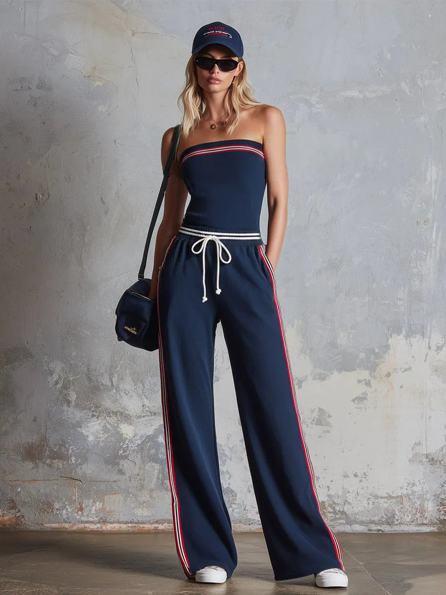 Retro-Sporty Striped-Trim Navy Cotton Off-Shoulder Jumpsuit