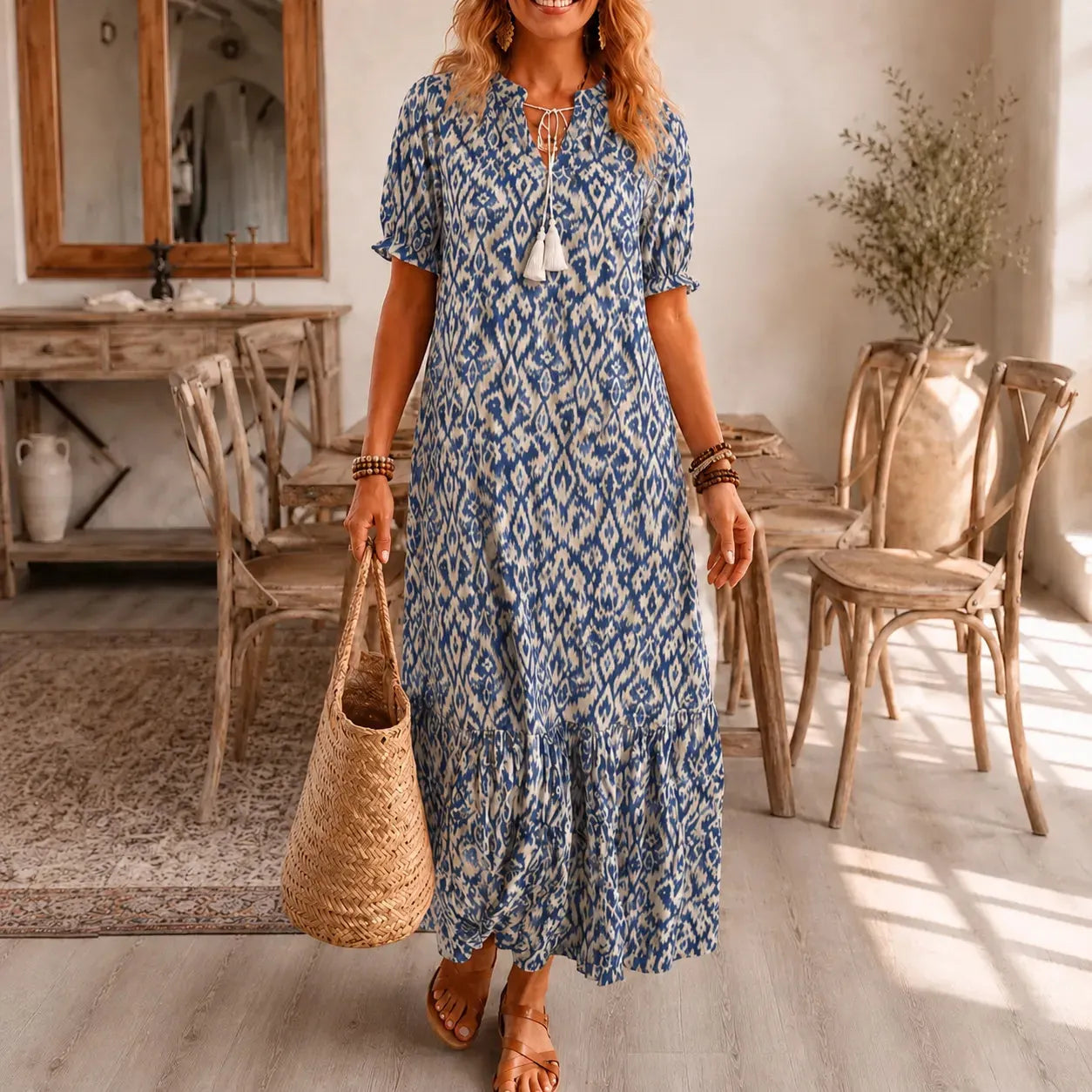Solara – Ikat Print Boho Maxi Dress with Tassel V-Neck
