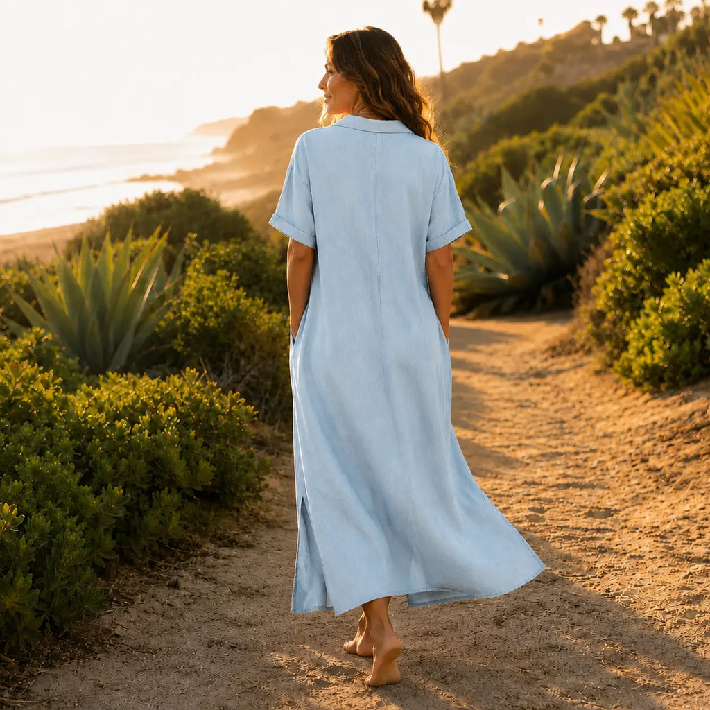 Solventa – Women's Linen-Look Maxi Shirt Dress with Pockets