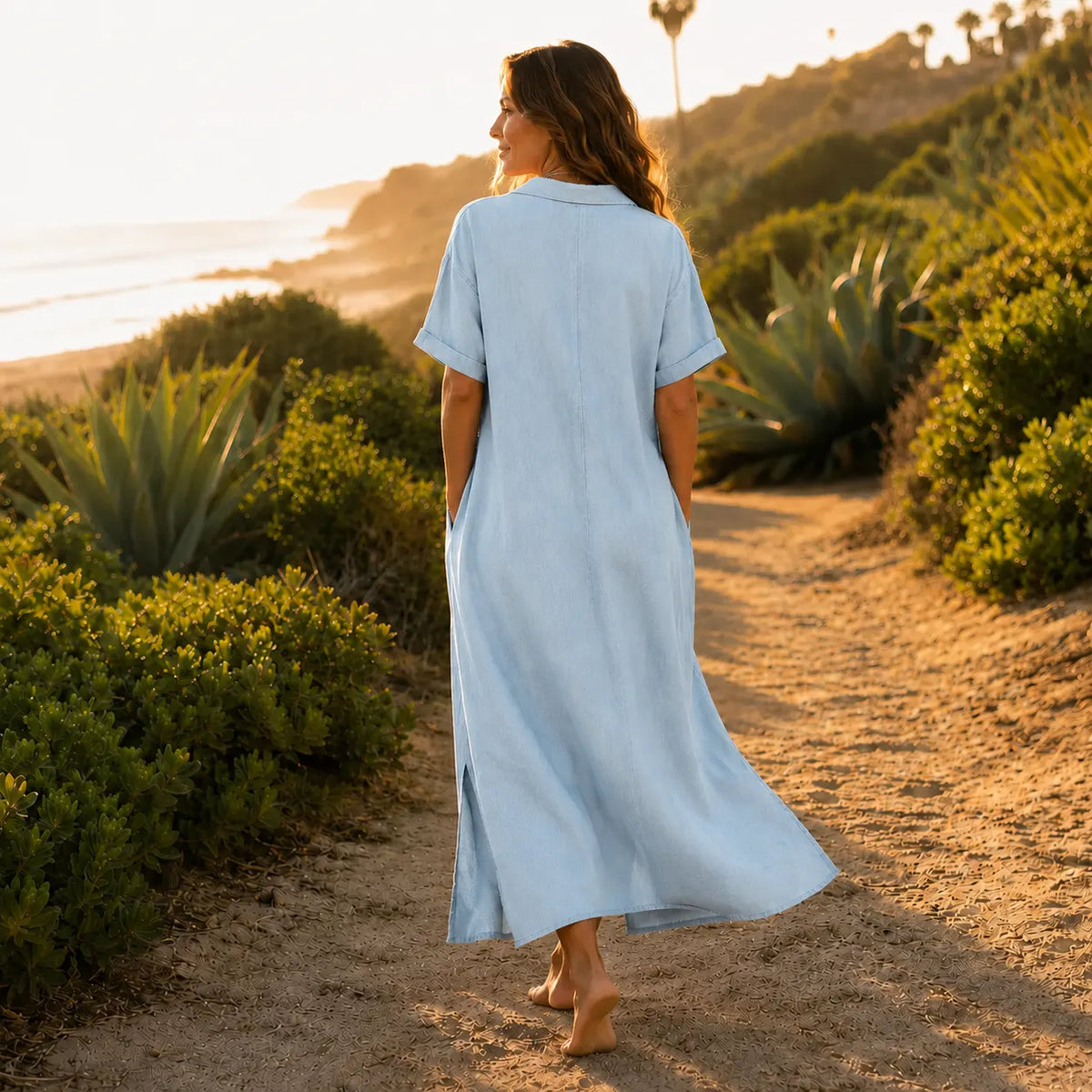 Solventa – Women's Linen-Look Maxi Shirt Dress with Pockets
