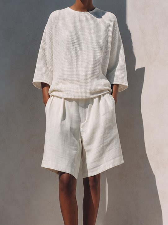 Women's Minimalist Ivory Cotton Linen Blend Waffle Textured Round Neck Short Sleeve Top And Pleated Bermuda Shorts Two-Piece Set MDZ1482G1ZSQ