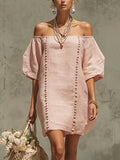 Pink Linen Blend Off Shoulder Mini Dress