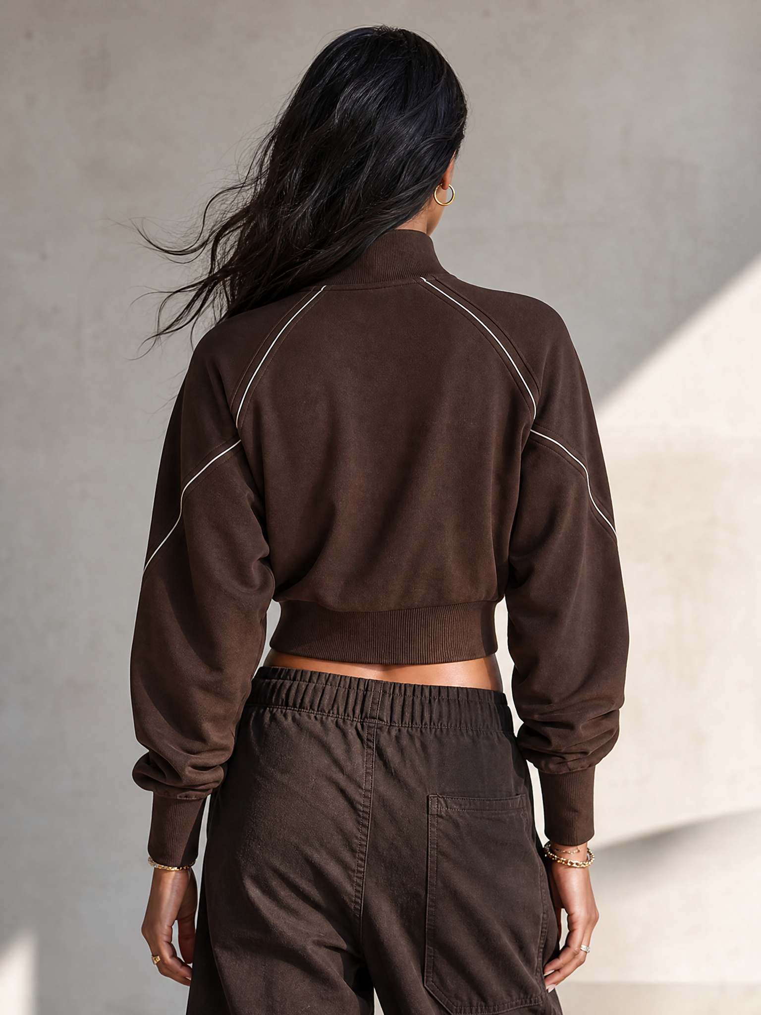 Women's Dark Brown Cotton-Blend Cropped Sports Jacket With Contrast Piping MDZ2250G4ZRK