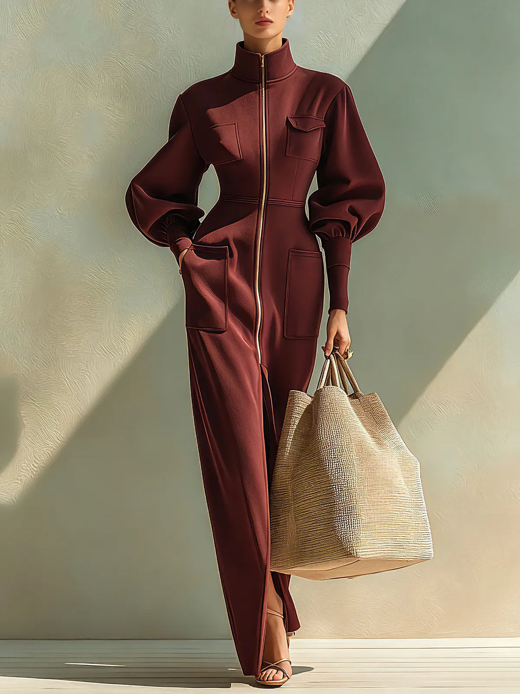 Wine Red Zip-Front High Neck Maxi Dress