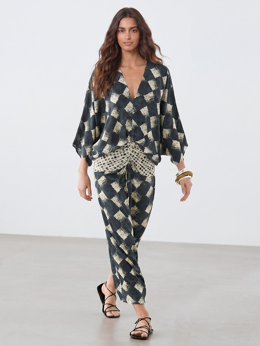 Casual Abstract Plaid Print Kimono Sleeve Maxi Dress