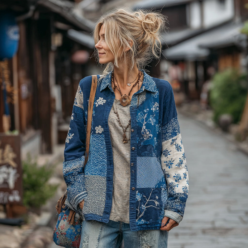 Women's Vintage Japanese Floral Patchwork Linen Button-up Shirt