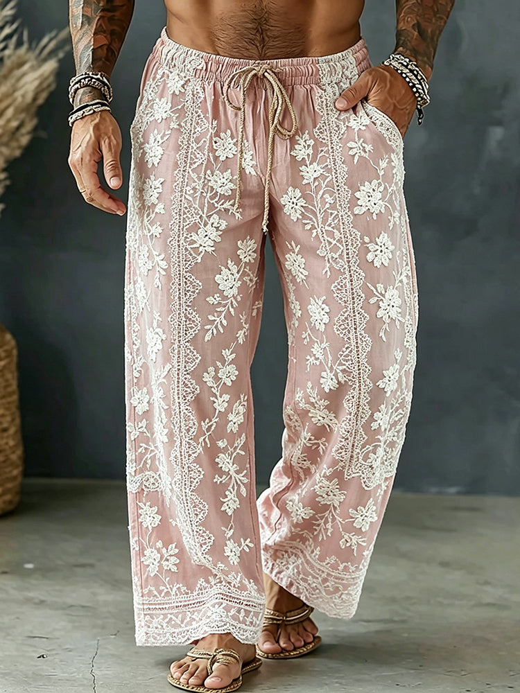 Men's Spring Floral Embroidered Art Print Flowy Linen Blend Casual Pants