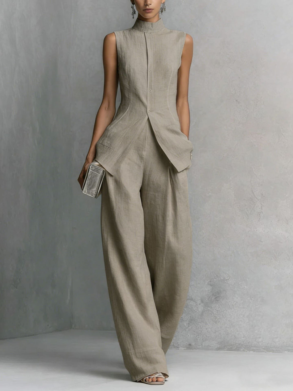 Women's Neo-Chinese Mock Neck Sleeveless Set - Elegant Wide-Leg Two-Piece Suit for Quiet Luxury Style