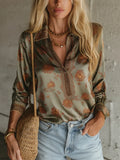Vintage Chic Floral Print Deep V Satin Shirt Top