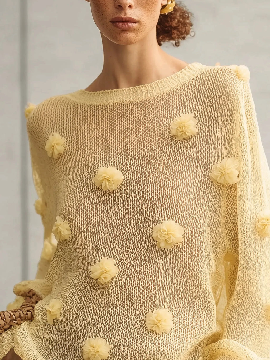 Yellow Lightweight Loose Knit 3D Floral Sweater