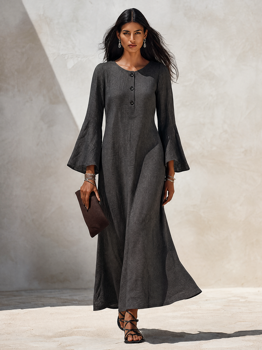 Women's Minimalist Solid‑Dark‑Grey Linen‑Blend Flared‑Sleeve Maxi Dress MDZ1593G8ZRK