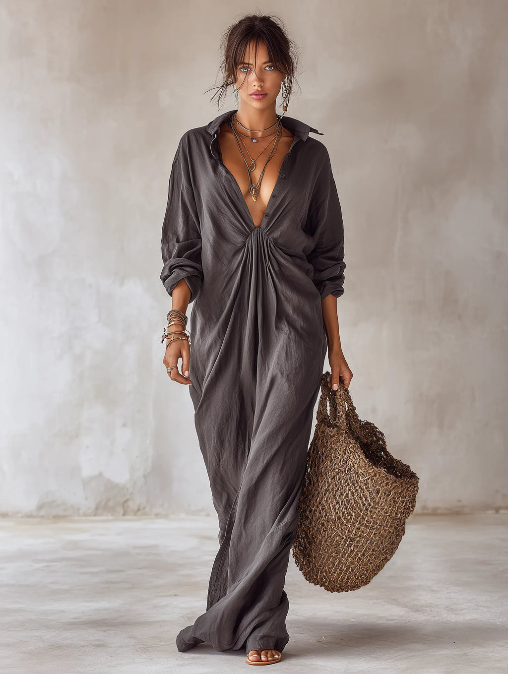 Women's Minimalist Linen-Blend Long-Sleeve Straight-Cut Maxi Shirt Dress MDZ0837G8WY