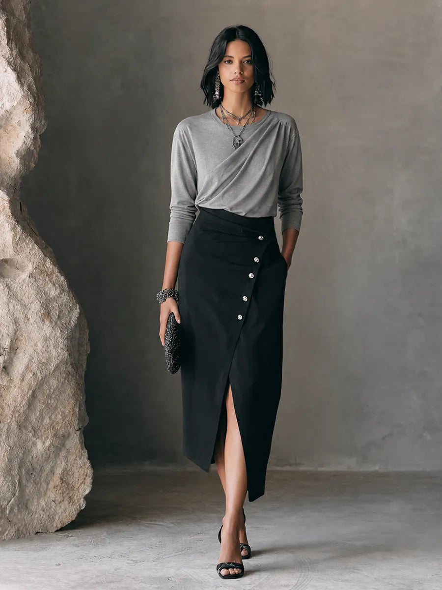 Women's Elegant Commuter Gray Black Cotton Blend Draped Top Asymmetric Button Slit Midi Skirt Set MDZ1631G6GMJ