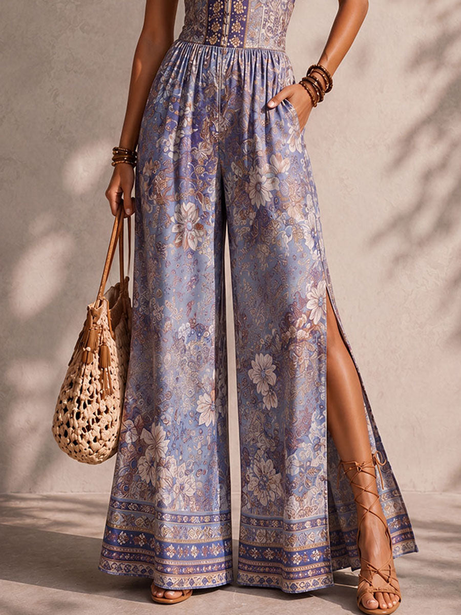 Bohemian Floral Halter Keyhole Wide-Leg Jumpsuit