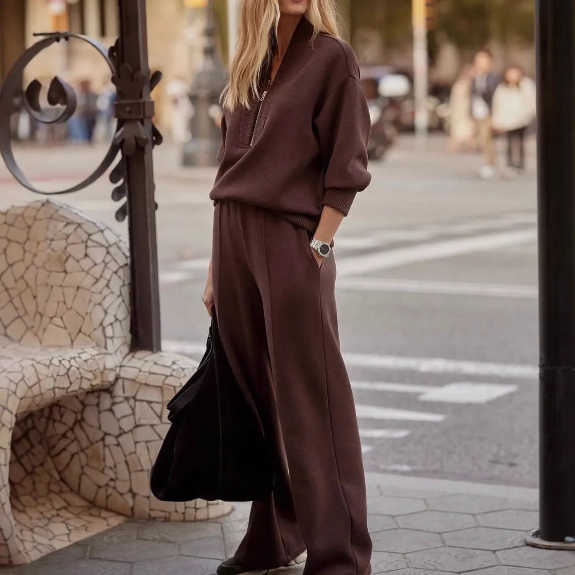 Meet The Autumn Ribbed Zipper Neck Sweatshirt and Elastic Waist Pocketed Loose Pants Set