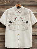 Vintage Clouds & Cranes Art Short Sleeve Linen Shirt