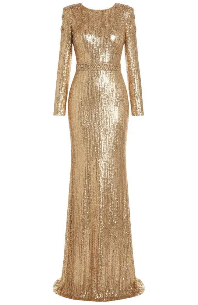 Long Sleeve Crystal Detail Sequin Maxi Dress Gold