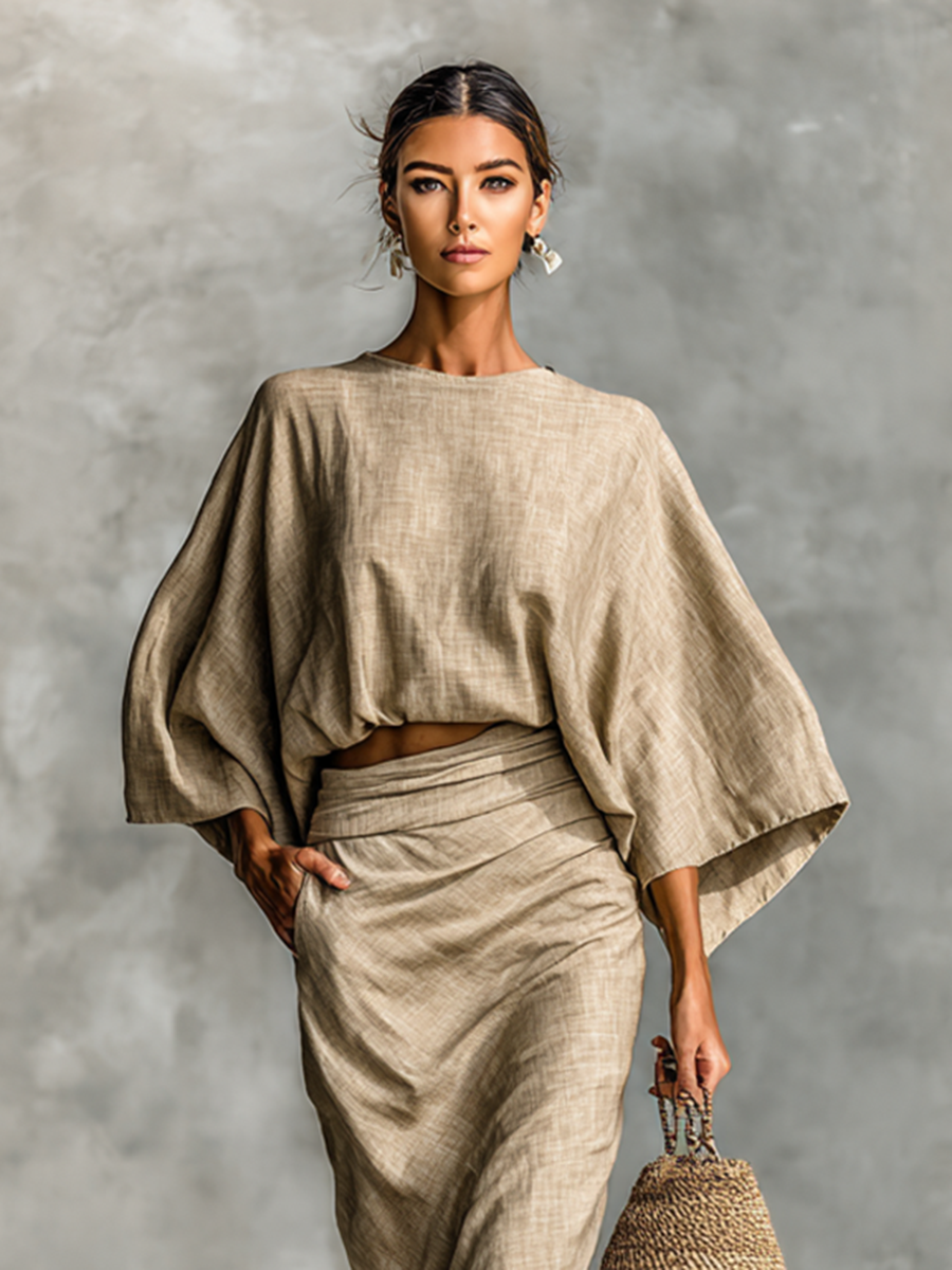 Women's Cotton And Linen Blend Bat Sleeve Long Skirt Two-piece Set