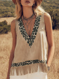 Retro Leopard Print Trim Beige Faux Suede Tassel Tank Top